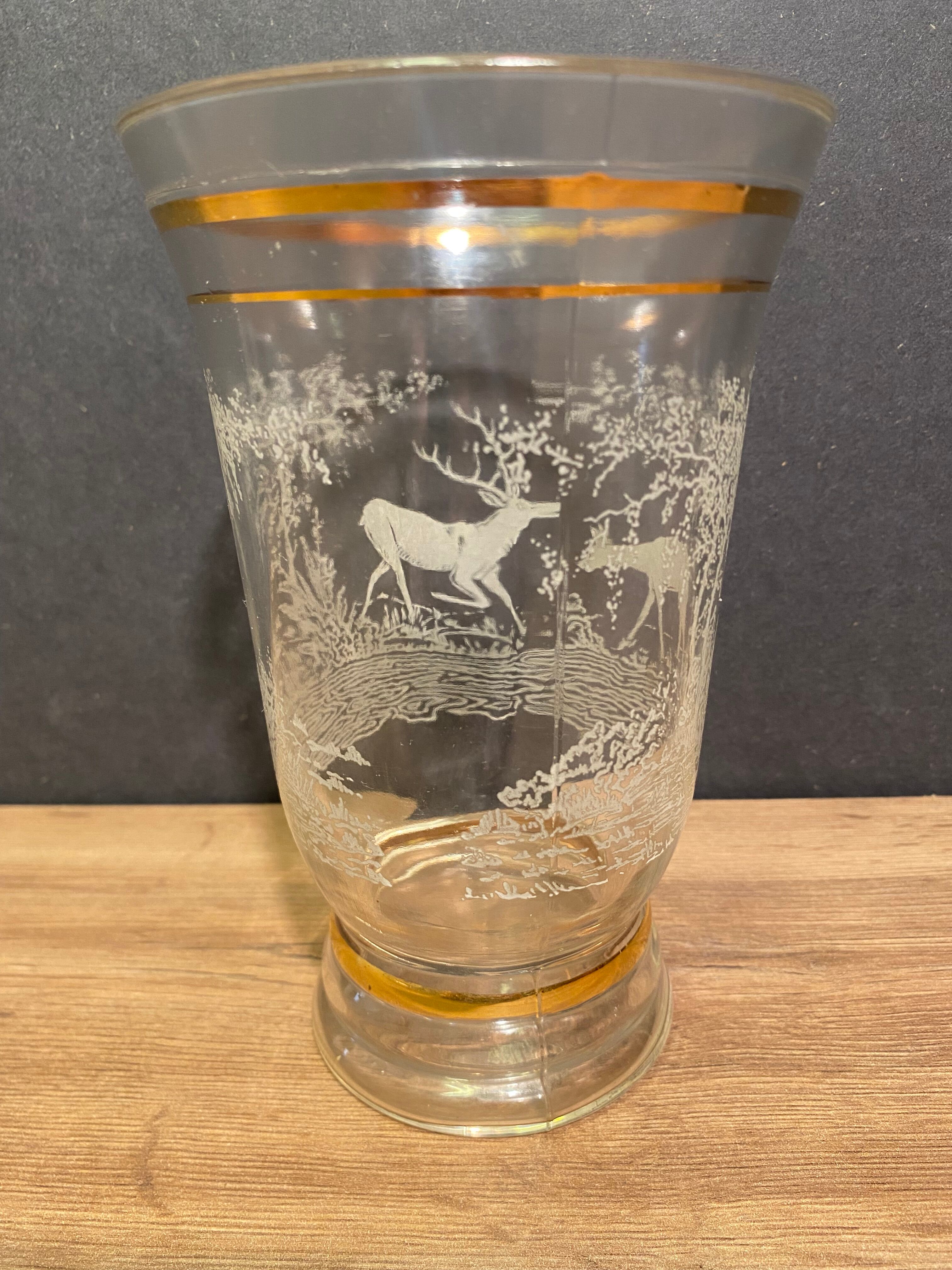 Glass vase with deer engraved decoration early twentieth century