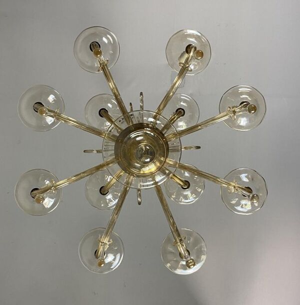 Lustre en verre mordoré deux étages et 12 bras de lumière vers 1940