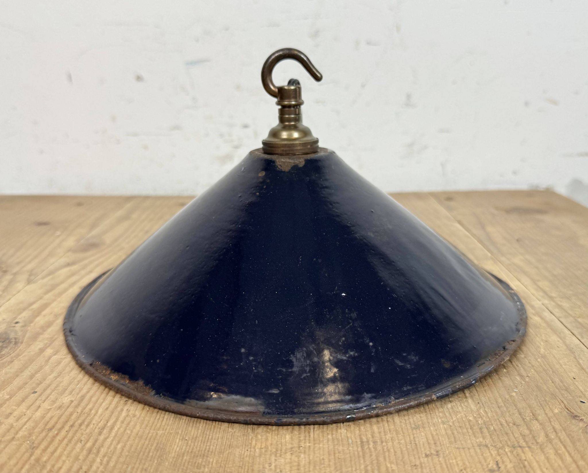 Industrial British Dark Blue Enamel Factory Pendant Lamp, 1950s