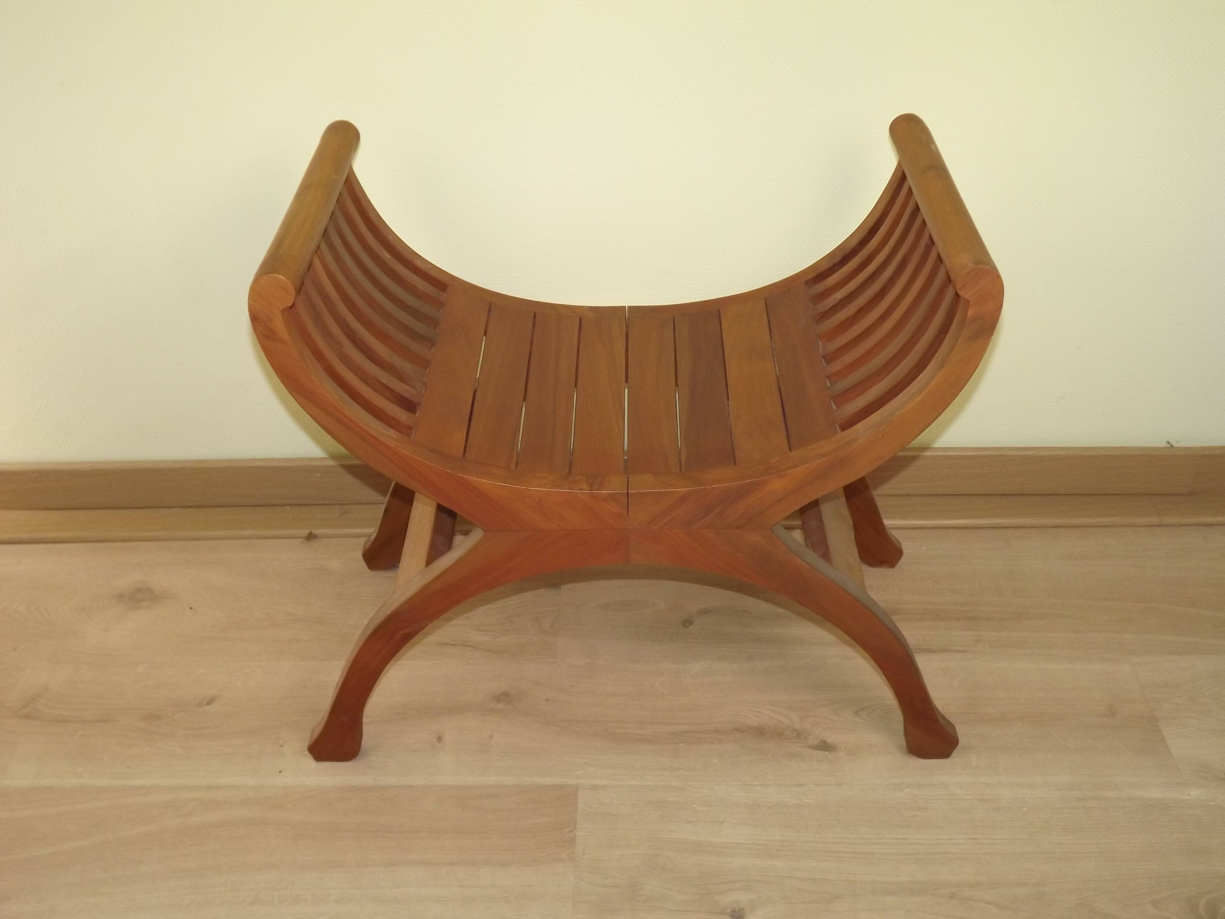 Solid Wood Curule Stool Vintage French Curved Slatted Seat Mid Century
