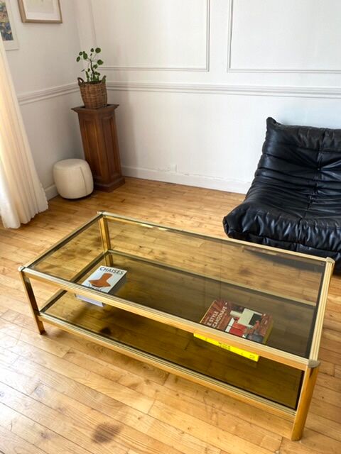 Gold metal coffee table and smoked glass