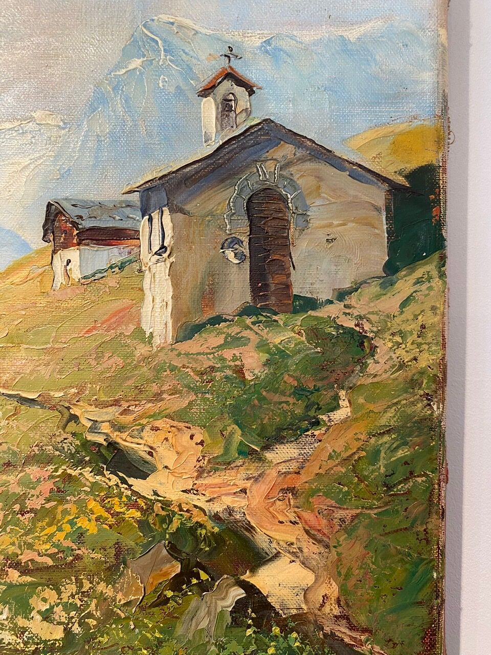 Old painting, Swiss mountain landscape signed H Herzer, mid-XX century
