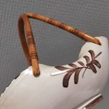 Beautiful small painted ceramic basket with woven handle