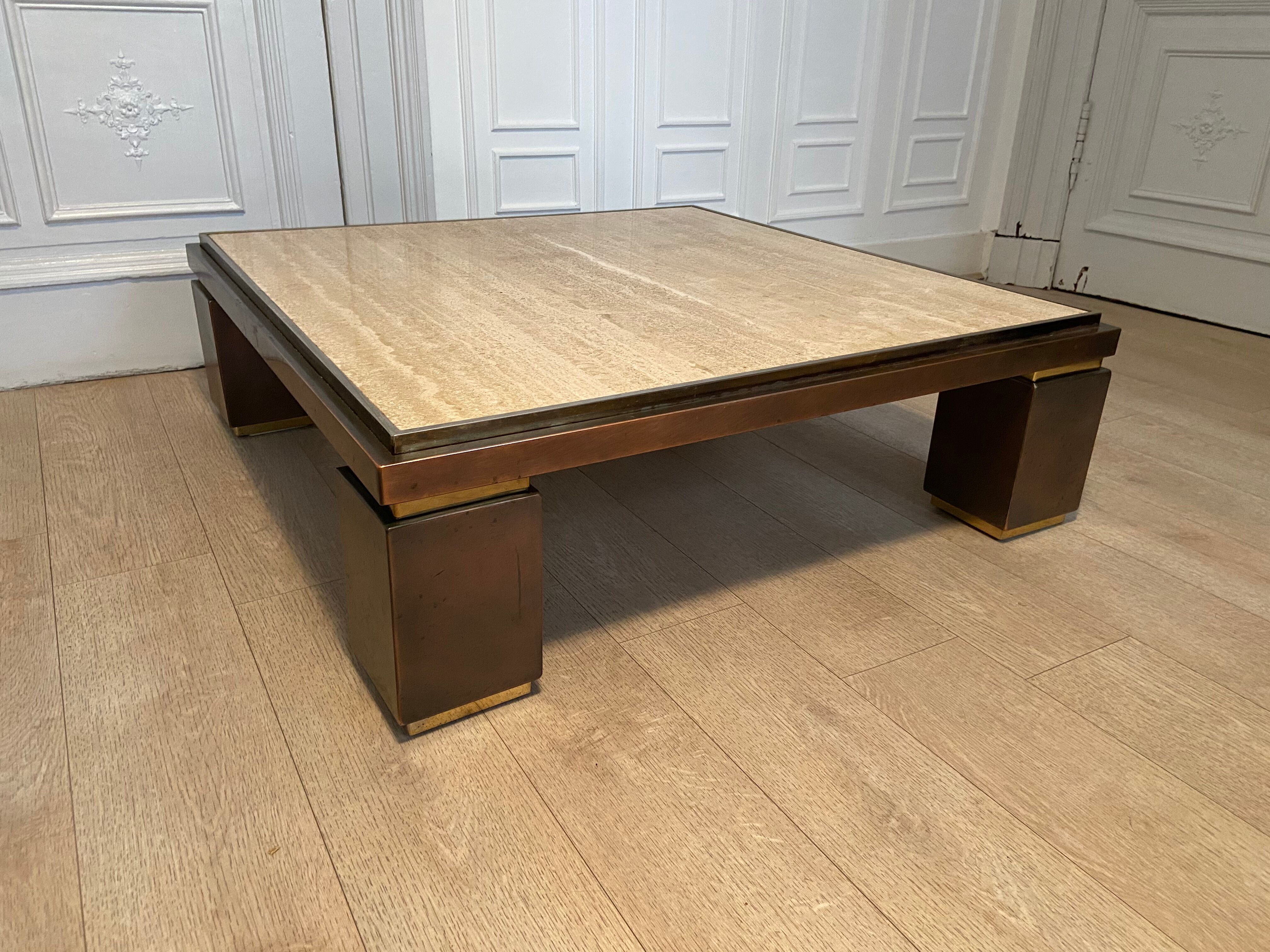 XXL copper brass and travertine square coffee table, Belgo Chrom