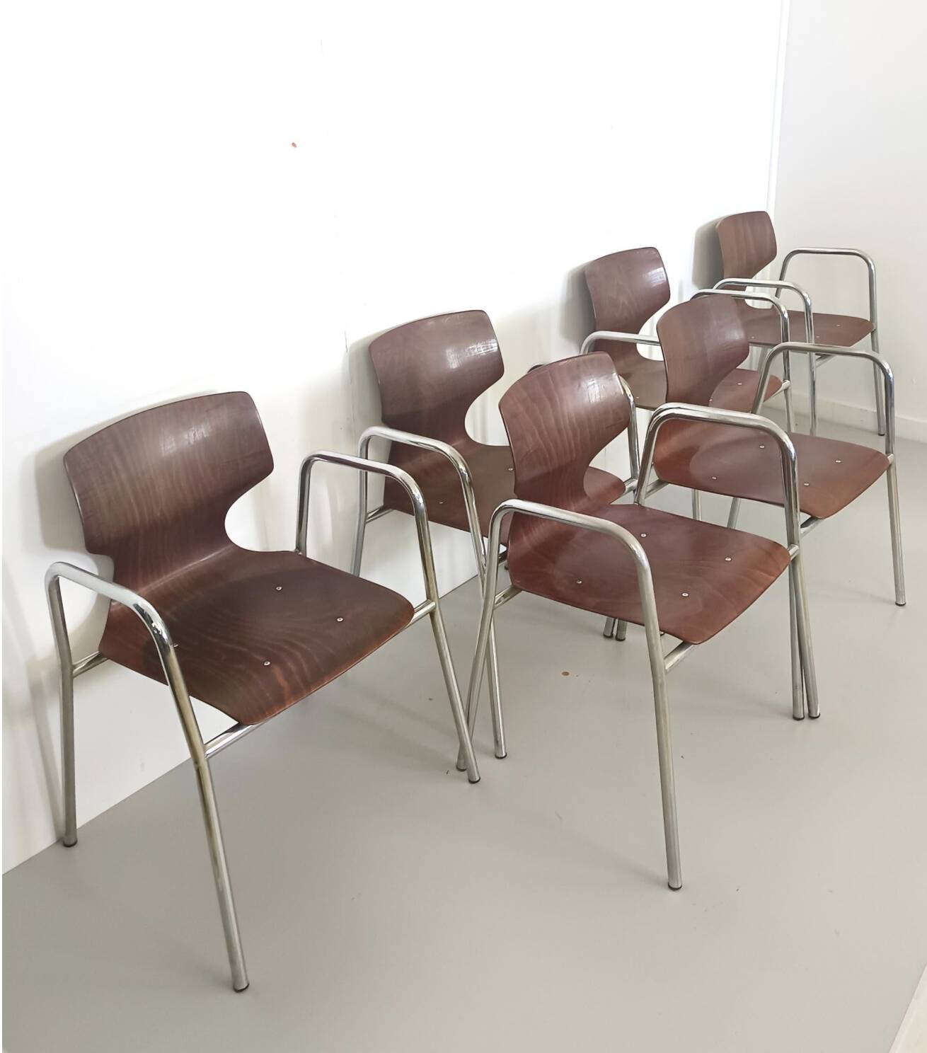 Set of Six Curved Beech Desk Chairs by Pagholz Flötotto with Armrests, Germ