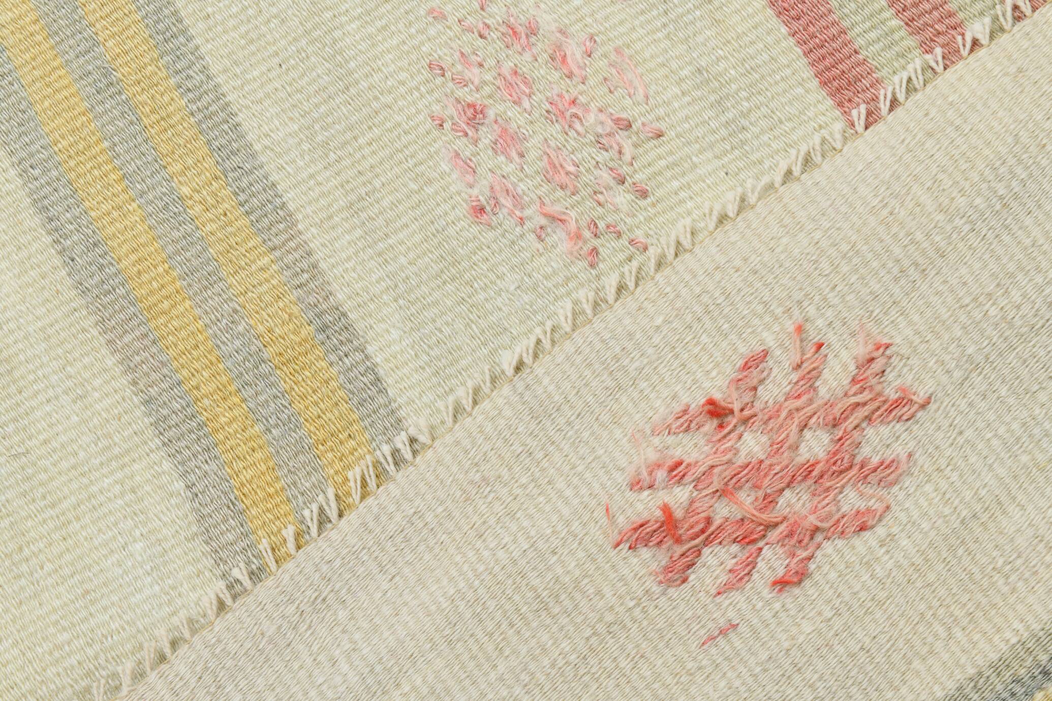 4x4 Cream Pale Red Square Vintage Kilim Rug, 136x142Cm