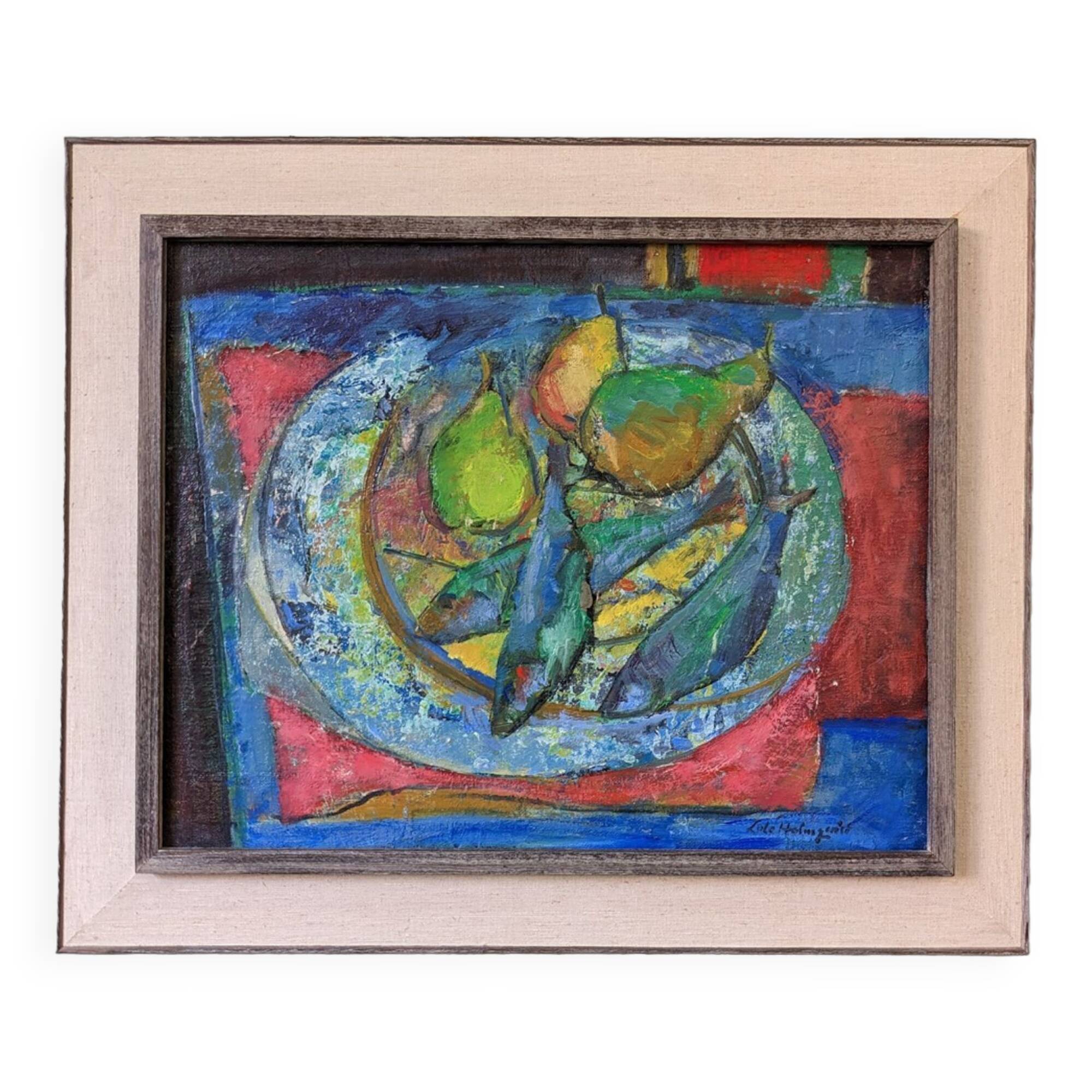 Mid-Century Modern Swedish "Fish & Fruit" Vintage Still Life Oil Painting, Framed