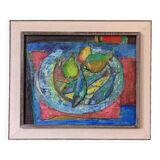 Mid-Century Modern Swedish "Fish & Fruit" Vintage Still Life Oil Painting, Framed