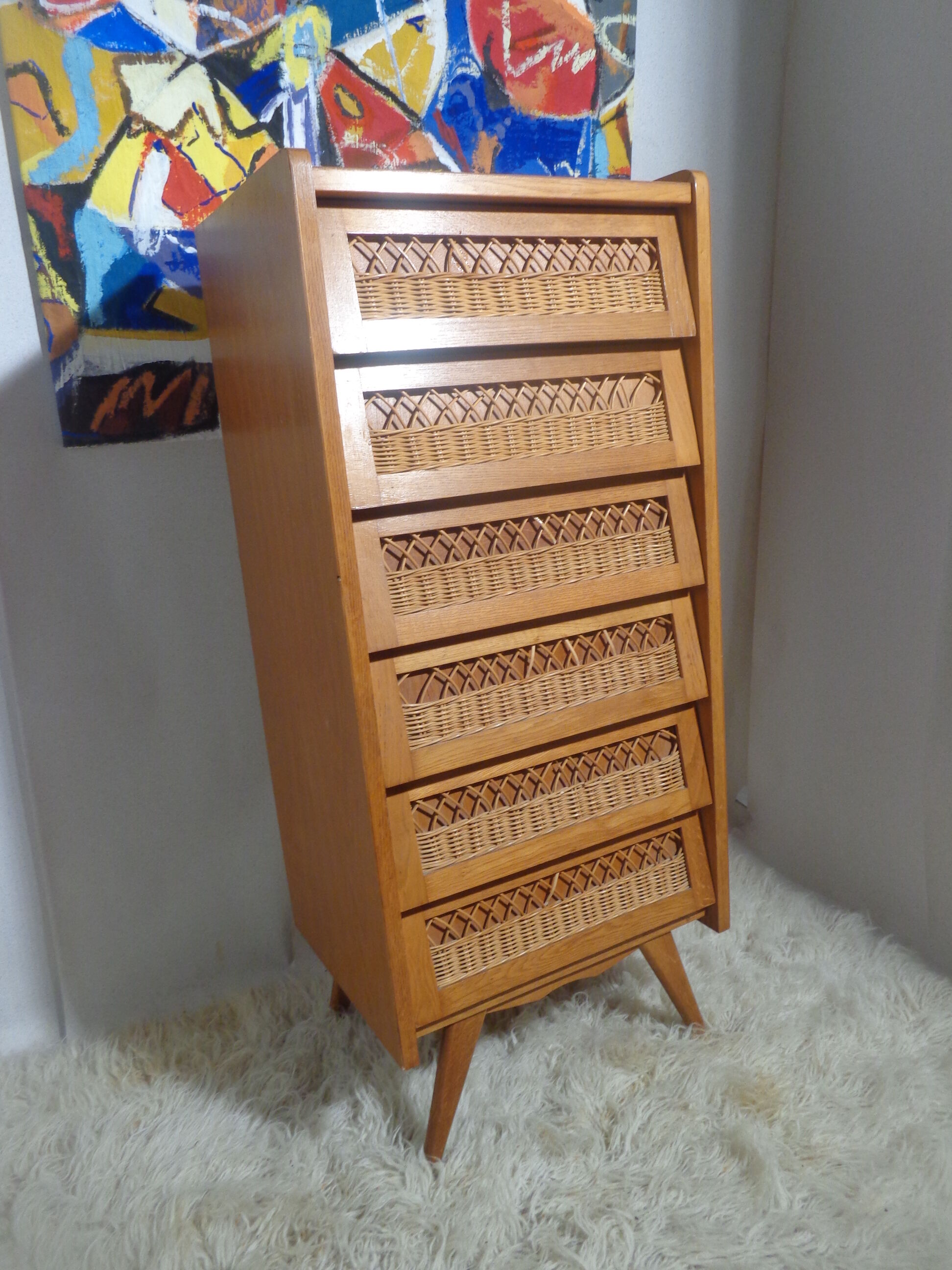 Chest of drawers vintage wood and rattan of the 50 feet compass