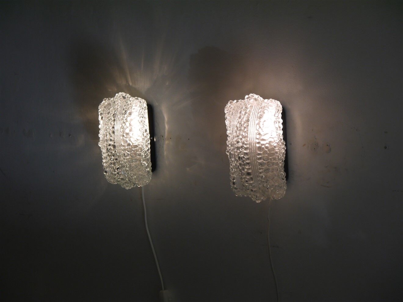 Pair of vintage Scandinavian wall lamps in bubbled glass 1960