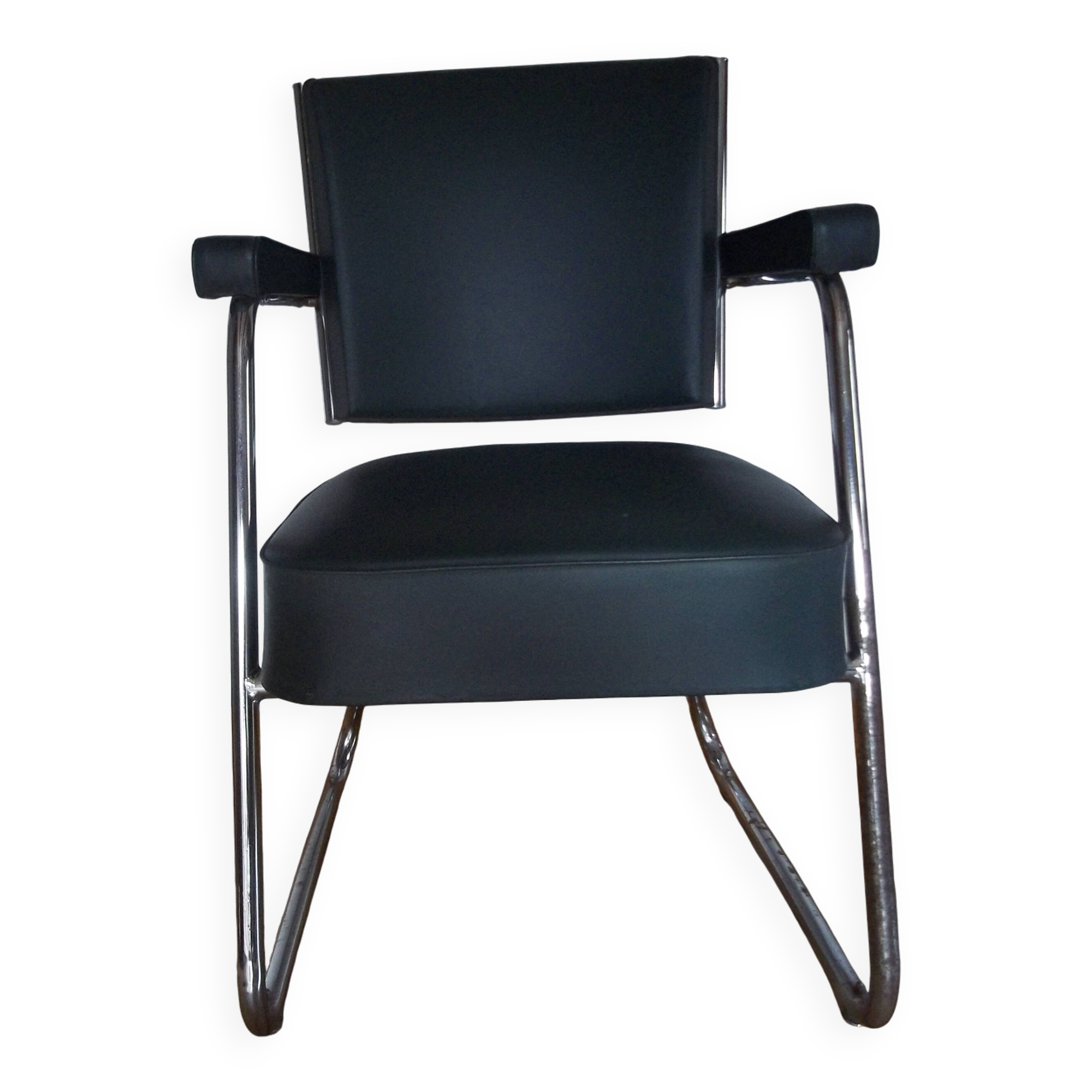 Roneo industrial office chair in green faux leather with vintage chrome from the 1950s.