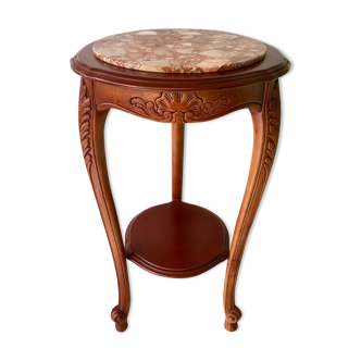 Pedestal table pink marble and carved cherry tree