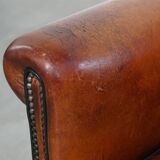 Sheepskin leather armchair in a cognac color with black piping