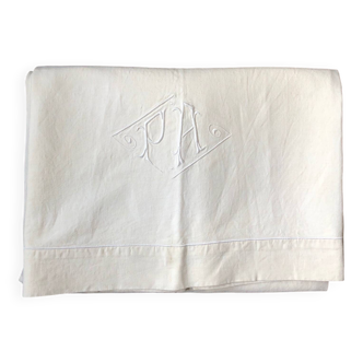 Drap ancien en lin coton  brodé PA