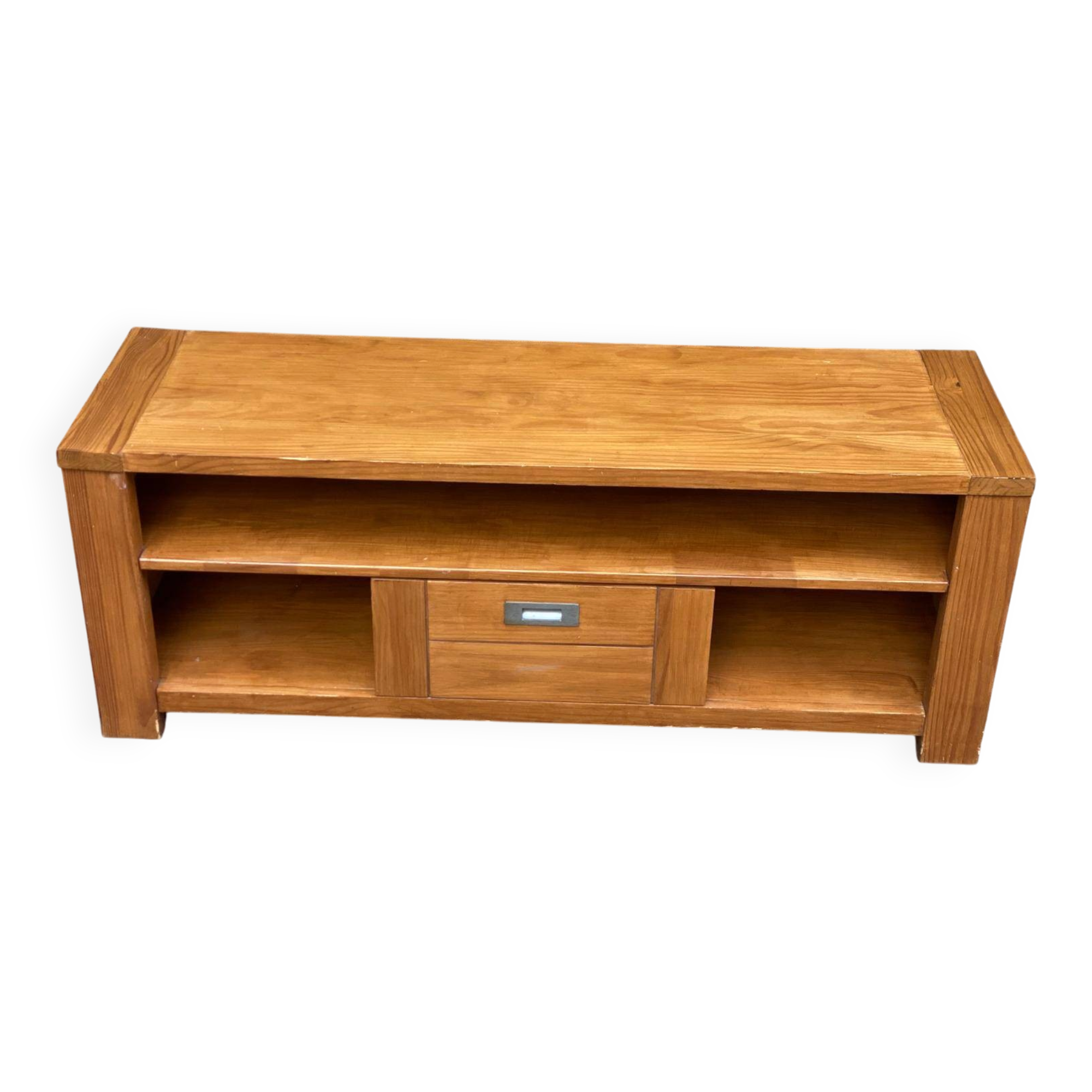 Solid pine wood TV unit stained with drawer and storage.