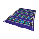 Romanian rug handwoven in wool, purple background with red and yellow stripes