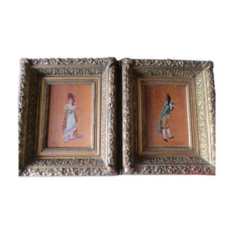 2 antique paintings from the 1700s in golden frame painter De'loste