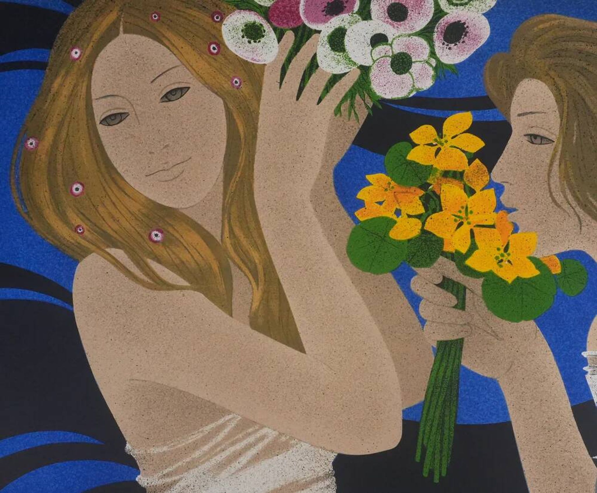 Yves Ganne: The Two Women with Bouquets, original signed lithograph