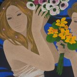 Yves Ganne: The Two Women with Bouquets, original signed lithograph