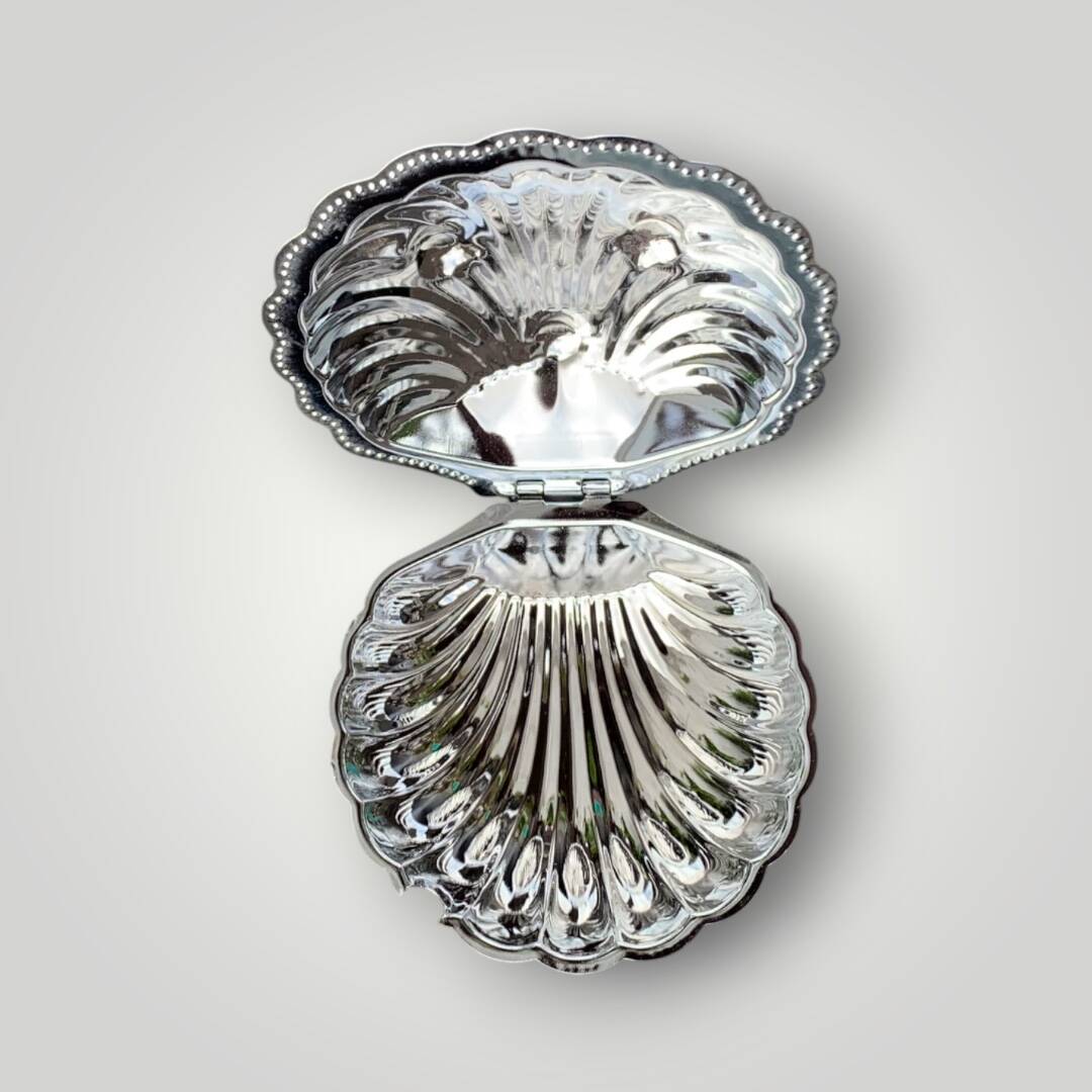 Vintage shell butter dish in stainless steel and cobalt blue glass