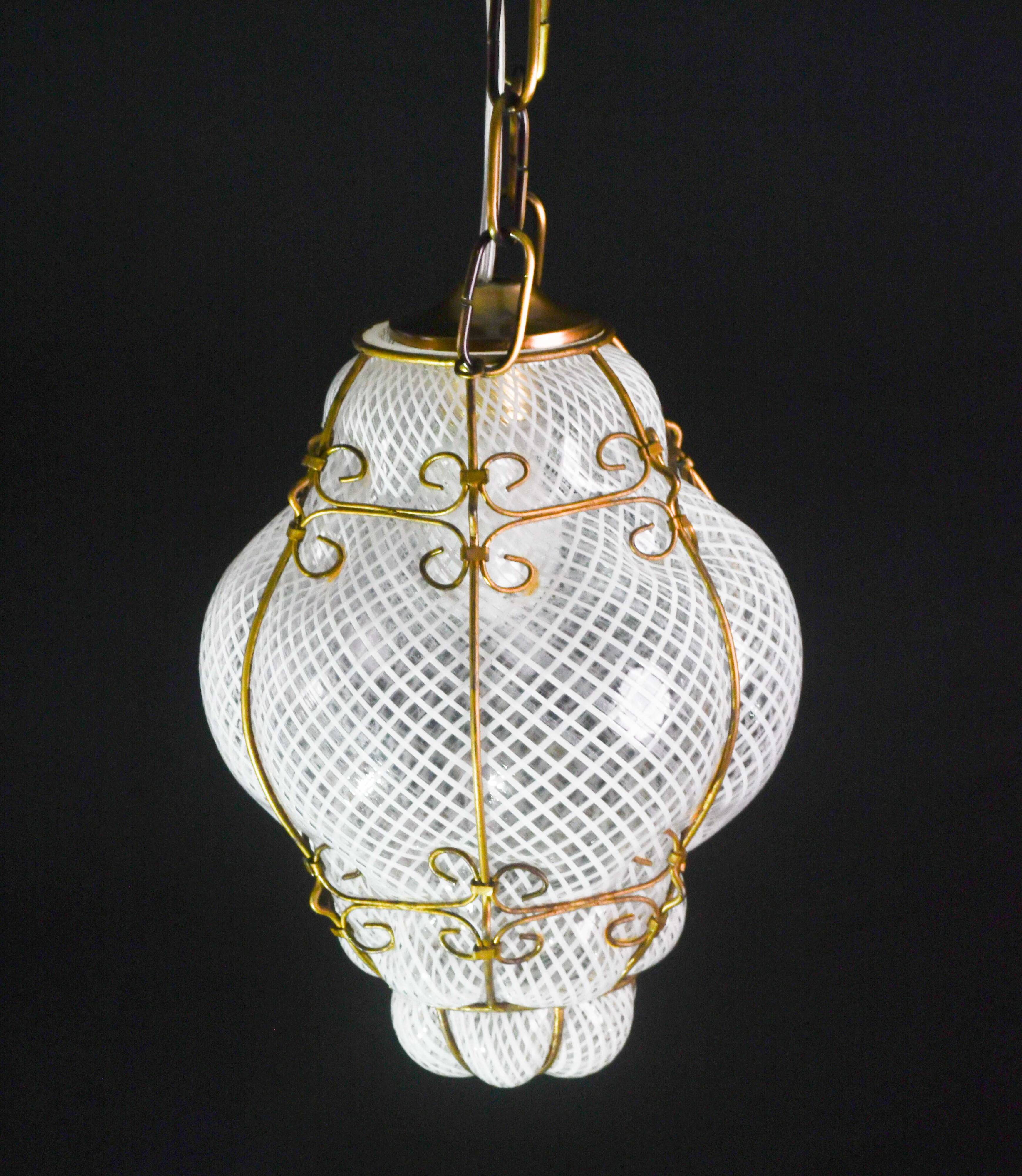Venini Amazing Venetian Lantern in Murano Reticello Glass, 1950s