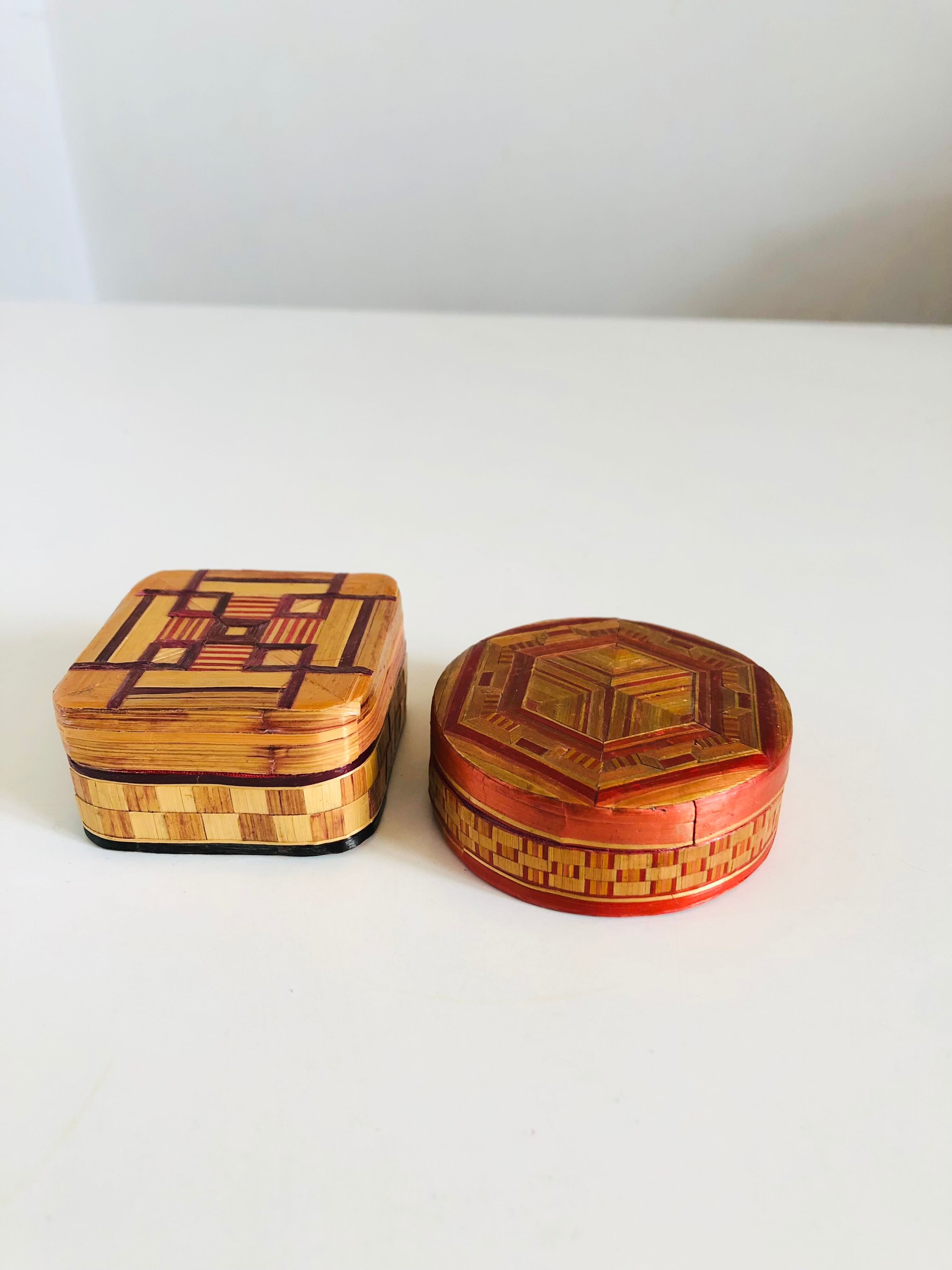 Pair of straw marquetry boxes