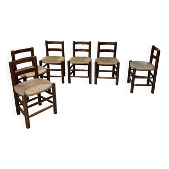 6 chaises paille et chêne, mobilier de montagne