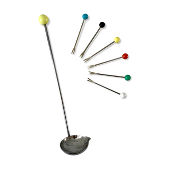 Set of seafood cutlery (ladle and 6 peaks) colorful 60s