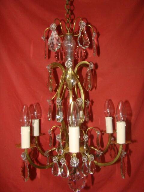 lustre à pampilles type cage à 6 bras de lumière époque début 20 ème