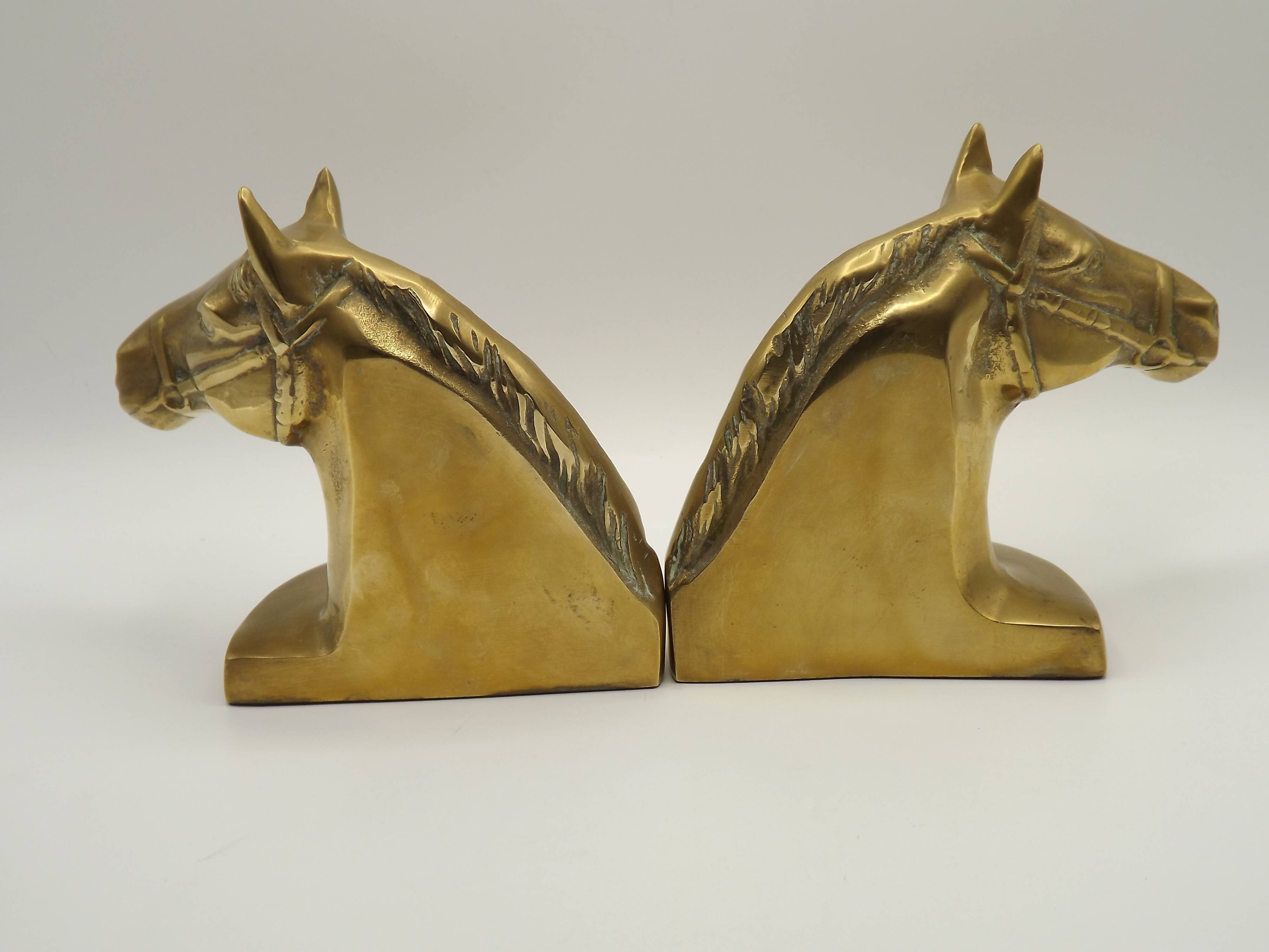 Vintage Brass Horse Head Bookends Pair – French Cast Brass Equestrian Decor