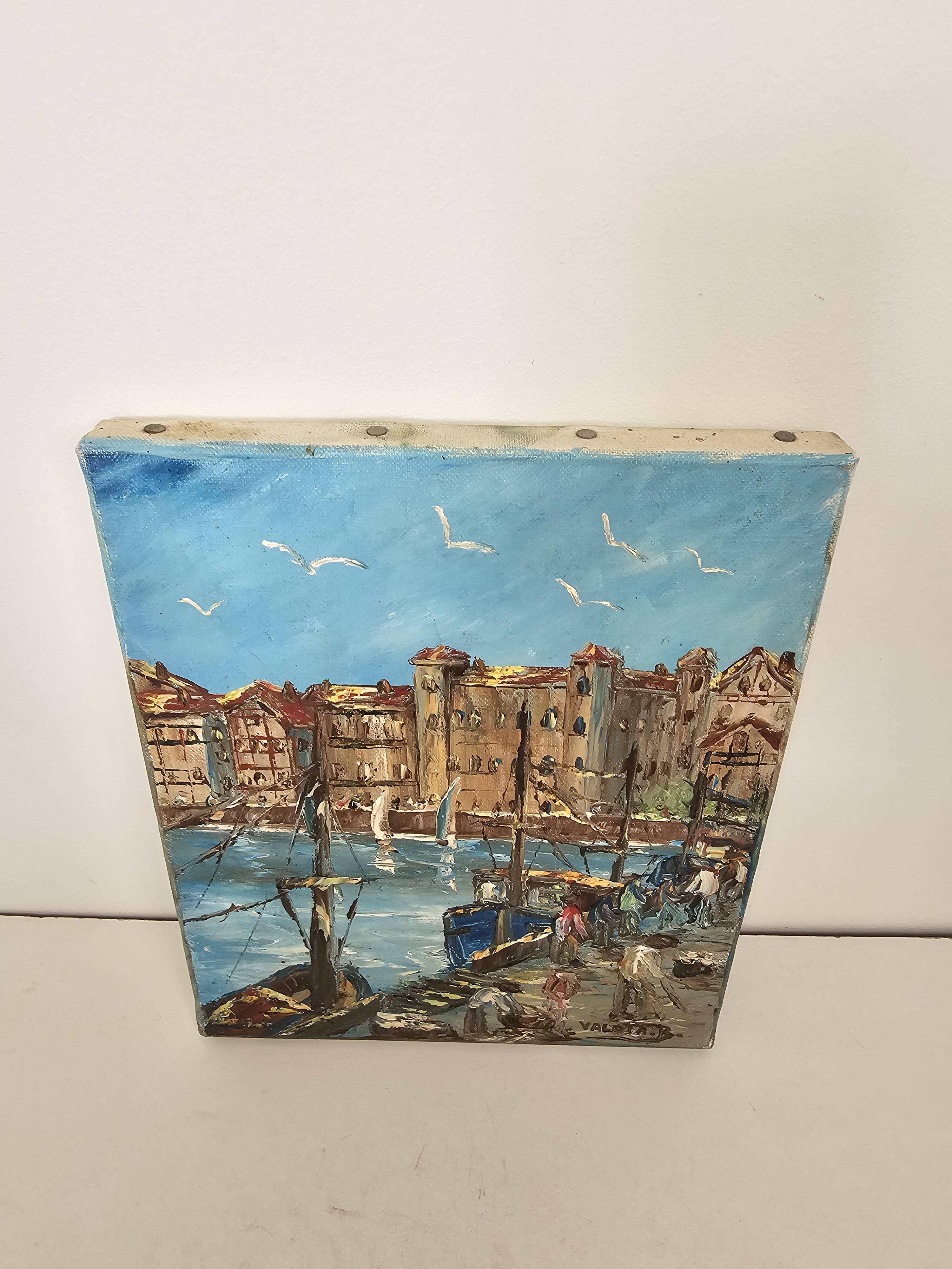 Oil painting on canvas House of the Infanta Saint Jean de Luz signed Valota