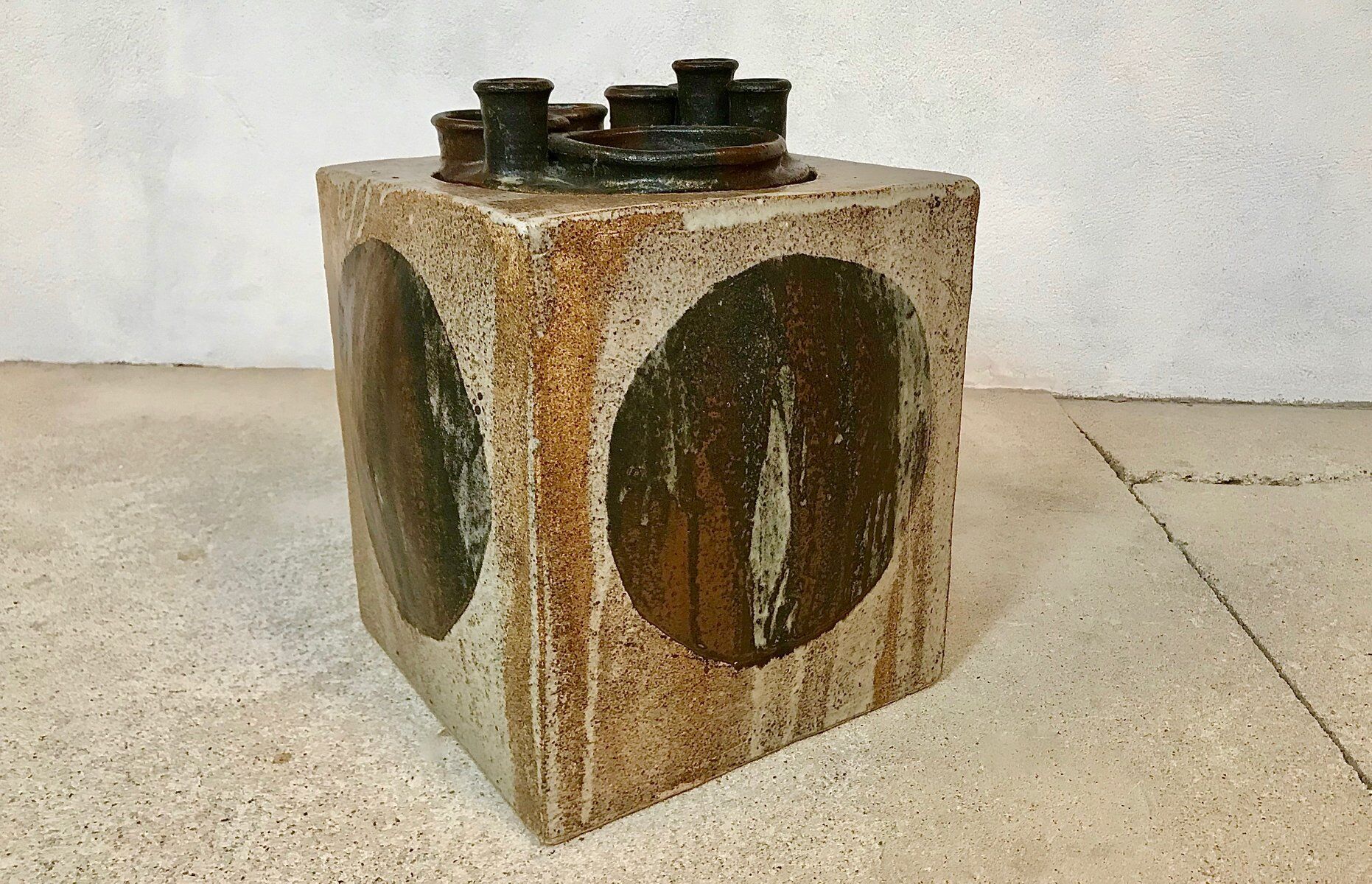 Brutalist ceramic art cube vase by Annette Merkenthaler, Germany 1960s