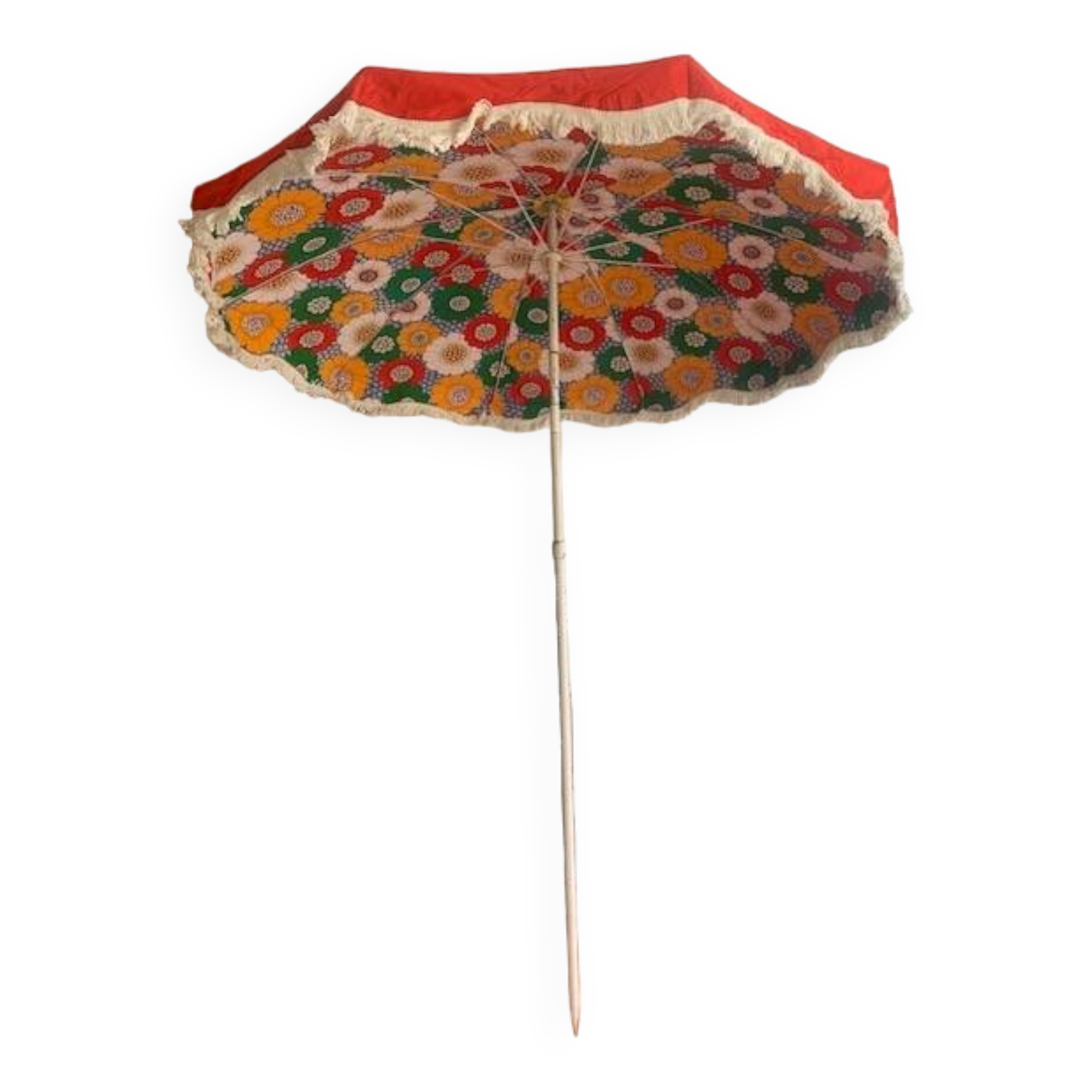 Large floral tilting beach umbrella with cotton fringes, 1960