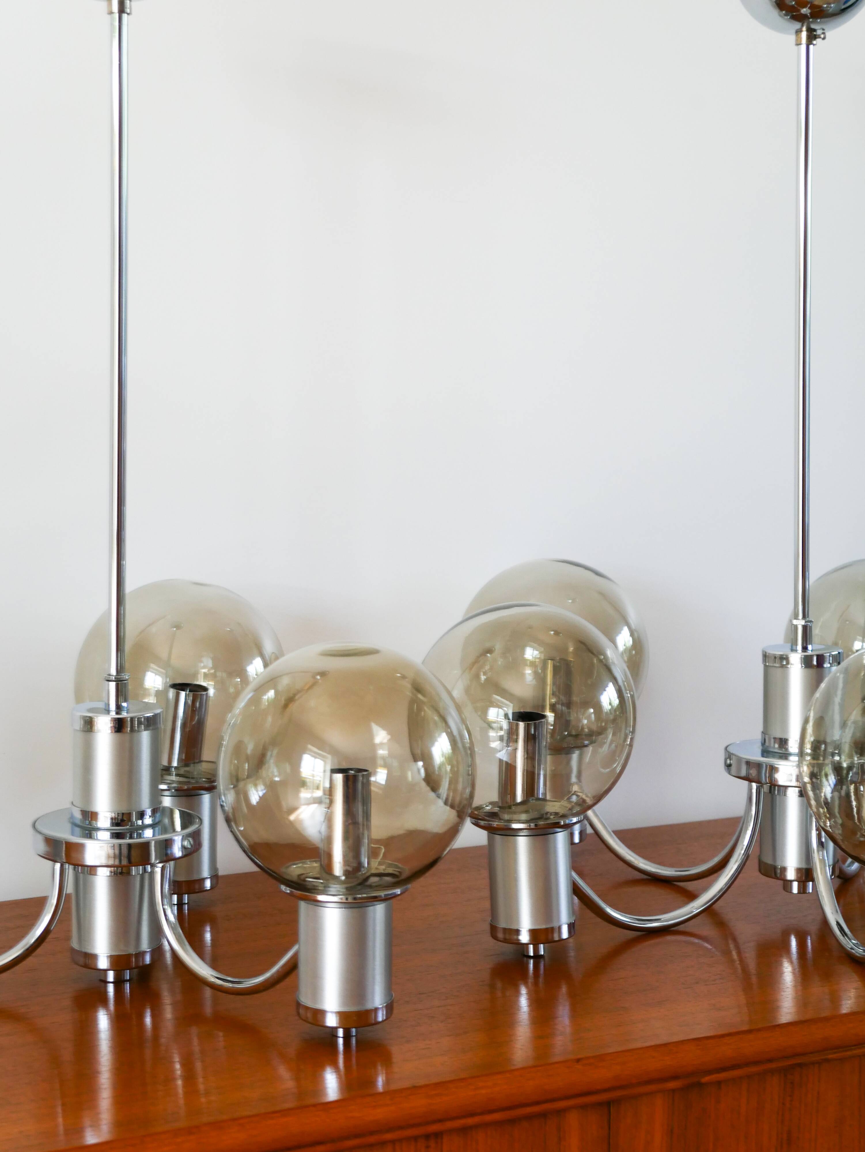 Three-branched chandelier, in chrome and smoked glass globes, Design, 1970