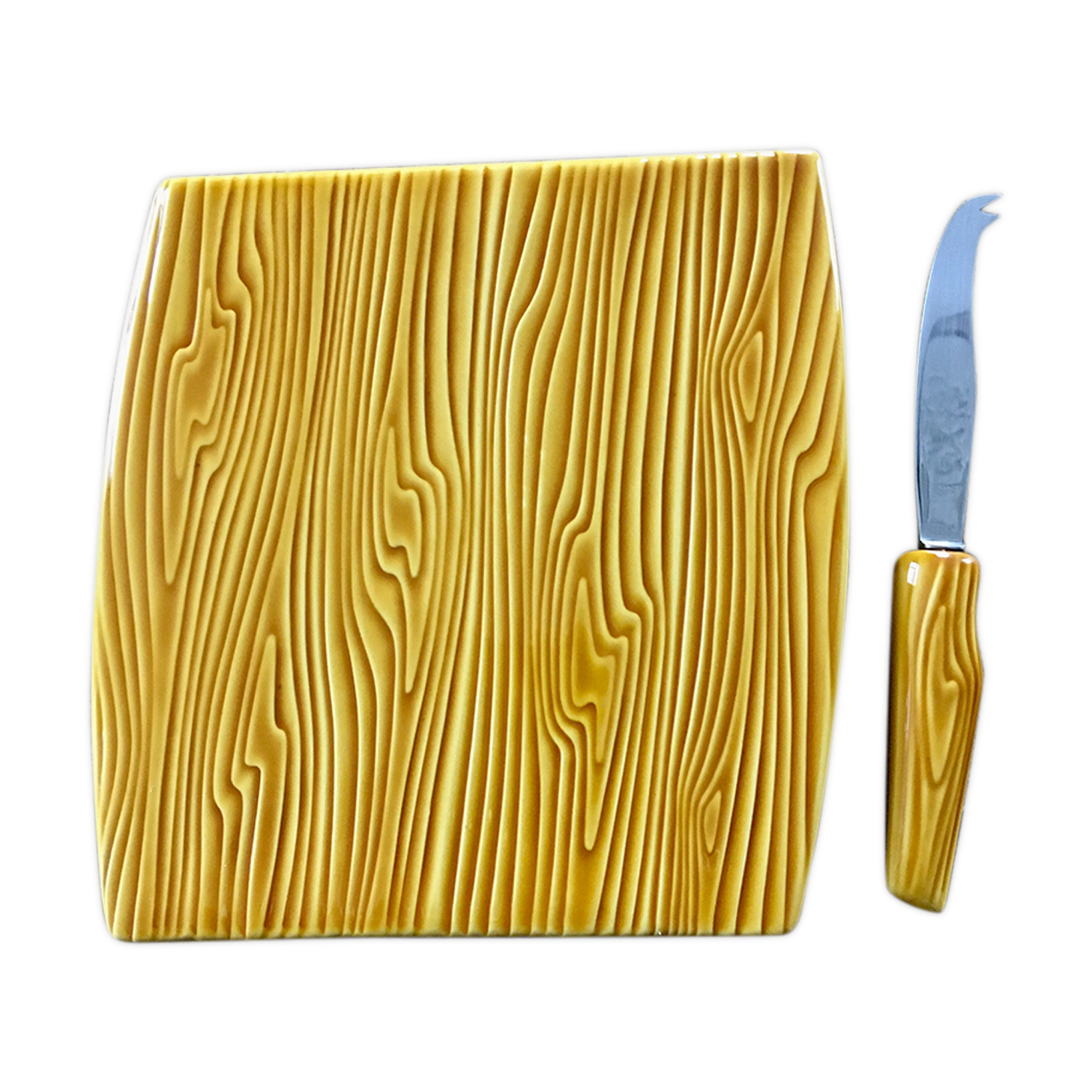 Cheese platter and its ceramic art knife verceram fake wood 60s