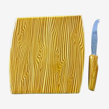 Cheese platter and its ceramic art knife verceram fake wood 60s