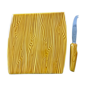Cheese platter and its ceramic art knife verceram fake wood 60s