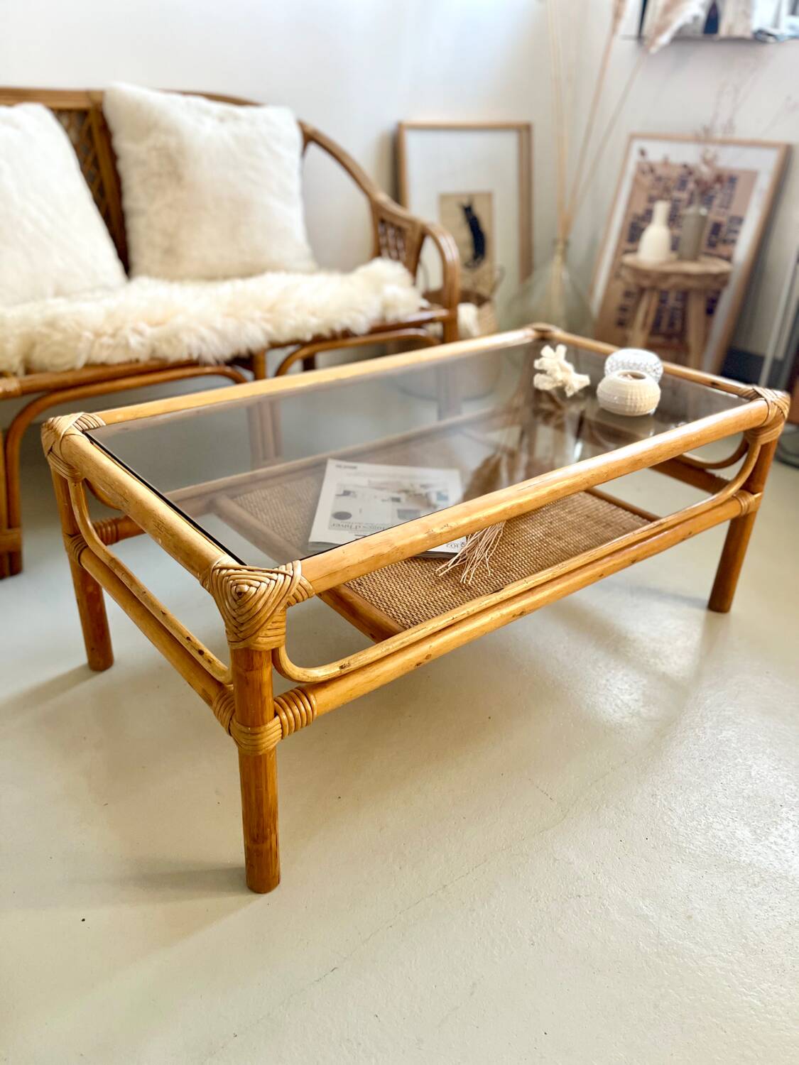 Coffee table 1960s/70s - smoked glass / bamboo / rattan / wicker