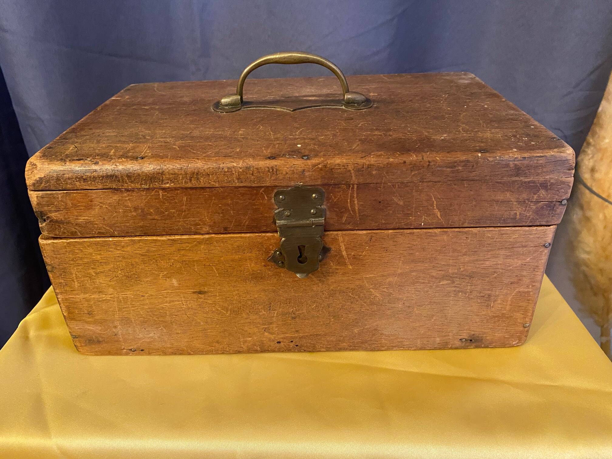 Old wooden box early 20th century market box with brass handle