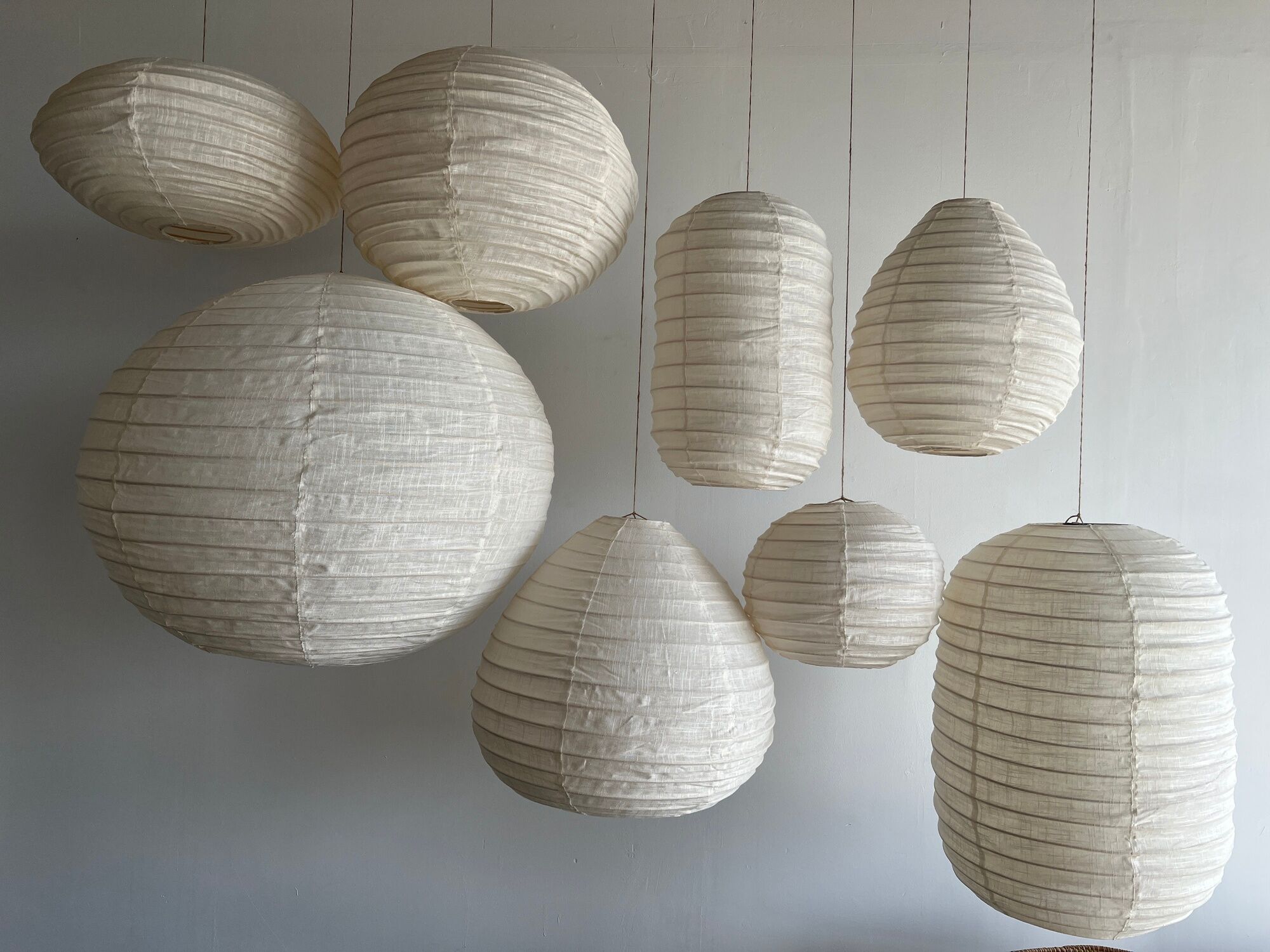 Hanging lamp in rattan and round japanese natural linen d:50