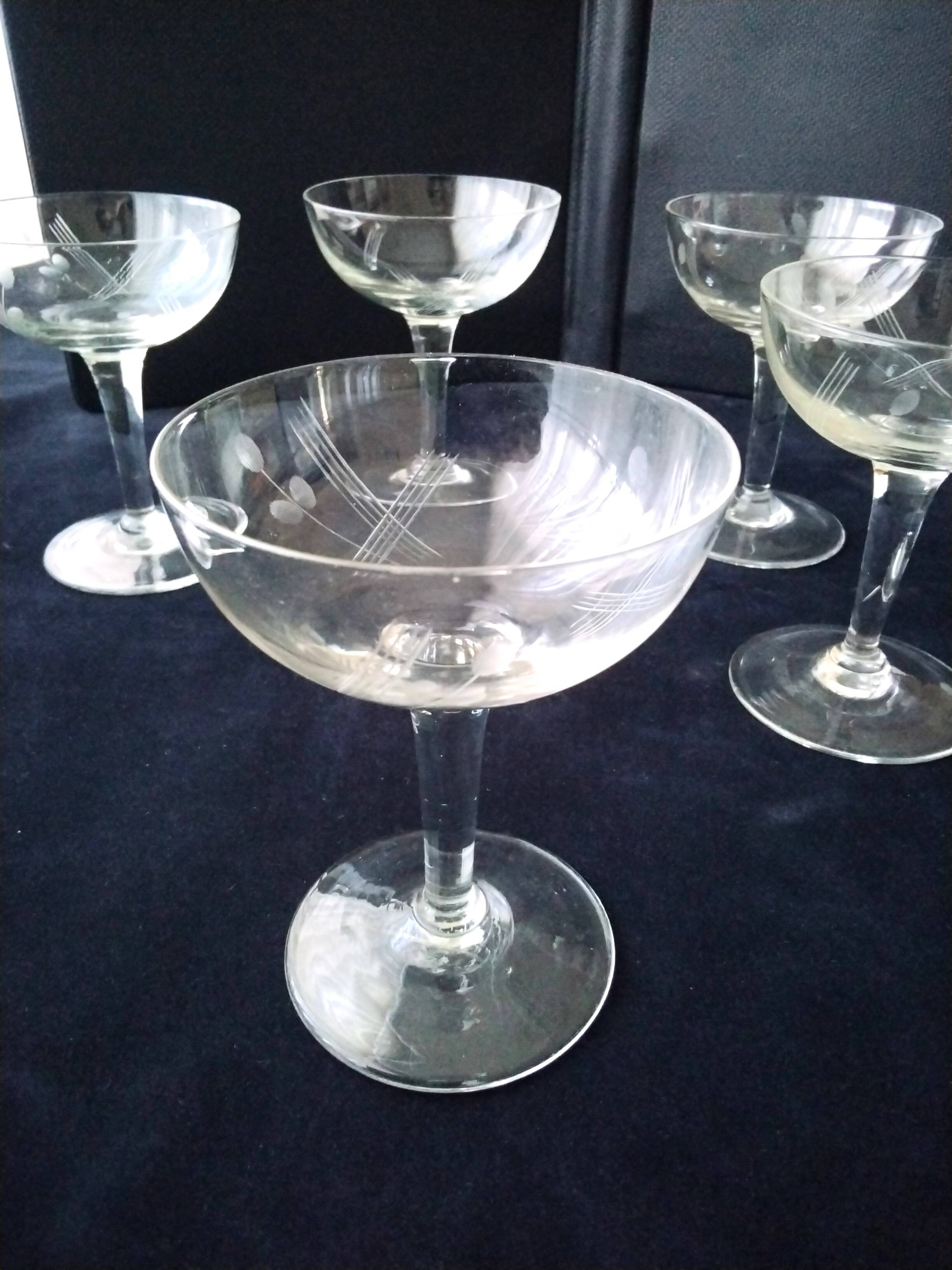 6 vintage champagne glasses in ground glass