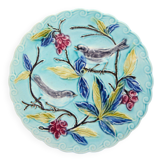 Assiette aux oiseaux en barbotine bleue fin 19e siècle