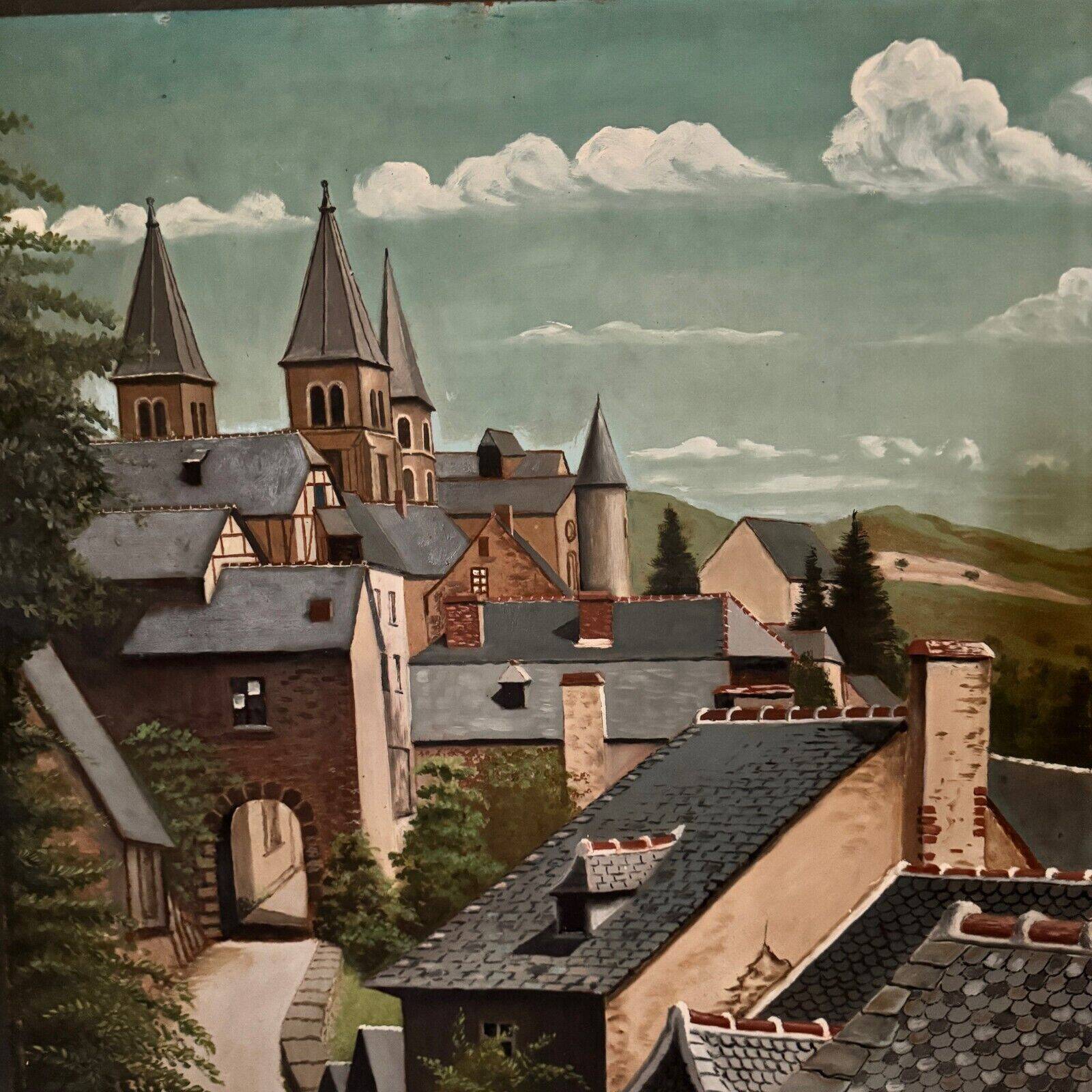 Oil on panel depicting a village in 1961