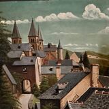 Huile sur panneau représentant un village en 1961