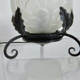 Art Deco lamp in frosted glass and wrought iron In the style of Edgard Brandt, 1930s-40s