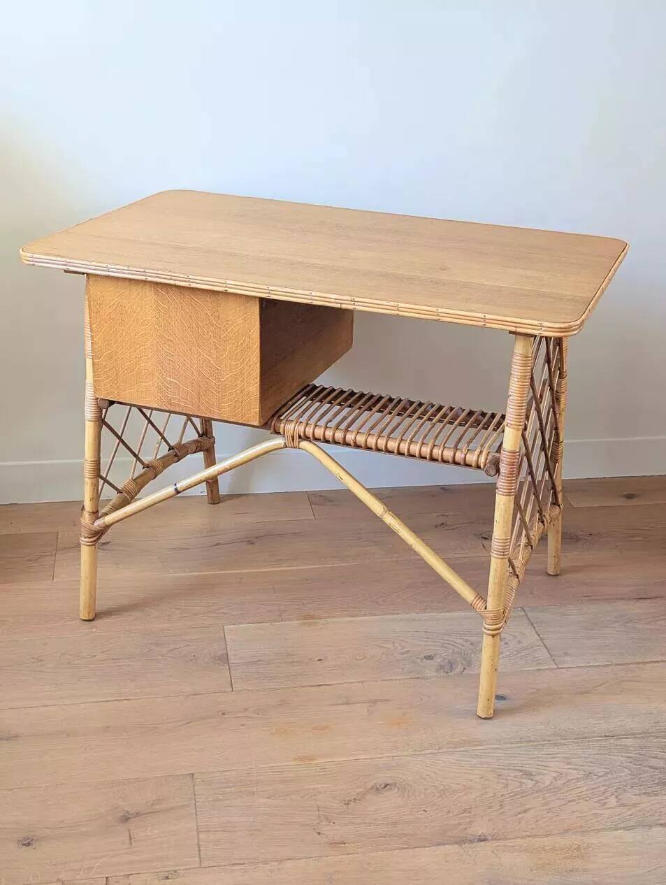 Vintage wood and rattan desk by L. Sognot