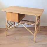Vintage wood and rattan desk by L. Sognot