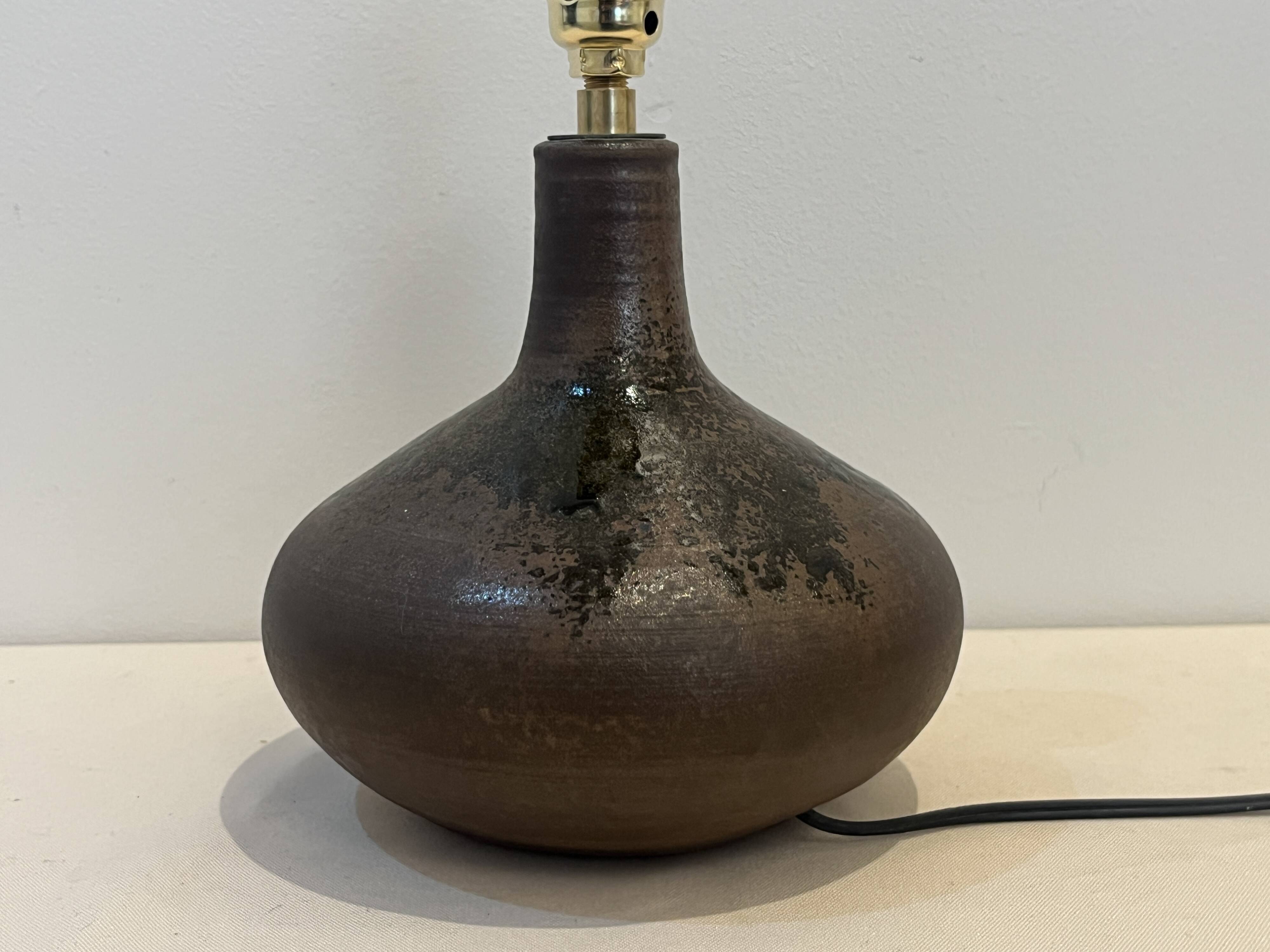 Vintage design lamp base in brown pyrite stoneware with raffia lampshade 1970