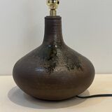 Vintage designer lamp base in brown pyrite stoneware with raffia lampshade, 1970s