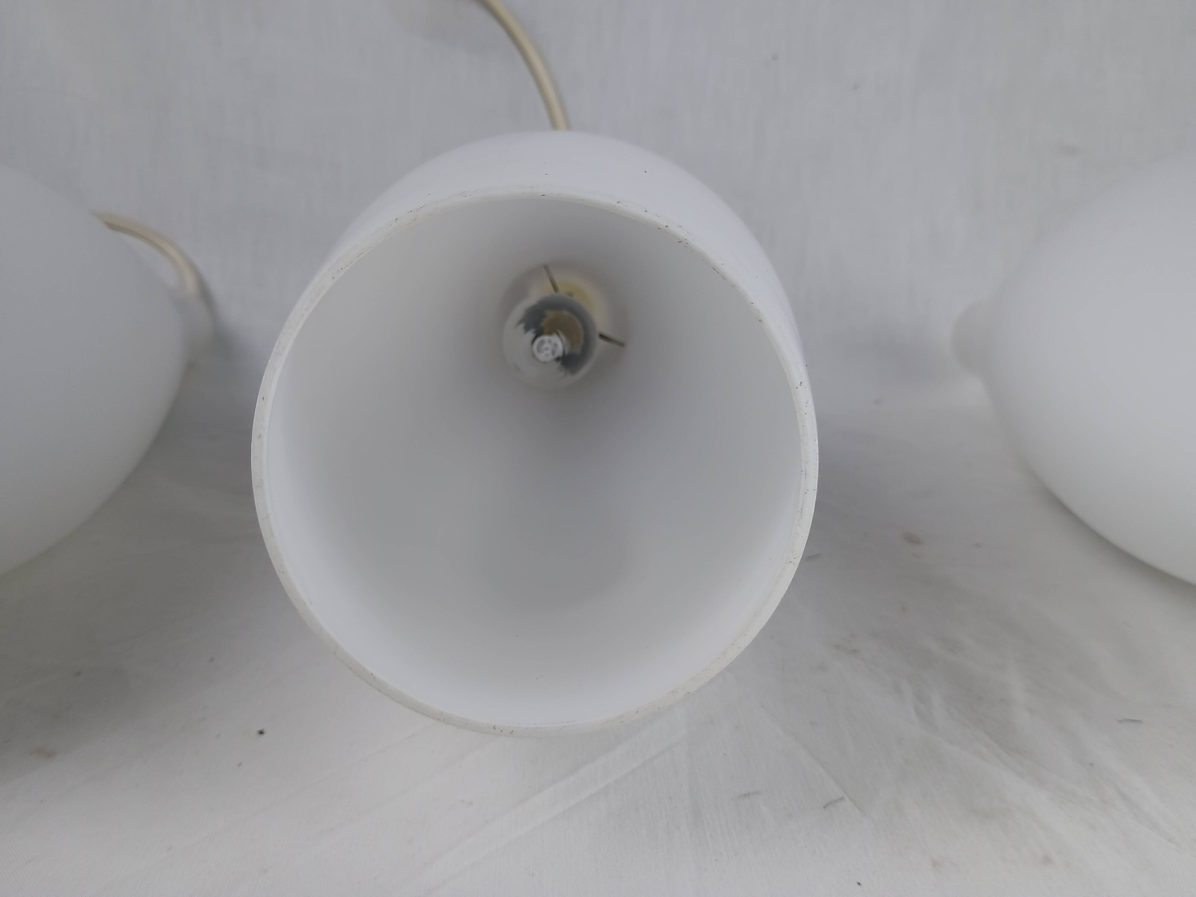 Superb set of three Holmegaard white opaline glass pendant lights